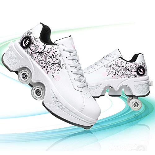 Pinkskattings@ Damen Und Mädchen Rollschuhe Skateboard Schuhe Kinderschuhe Mit Rollen Skate Shoes Rollen Schuhe Sportschuhe Laufschuhe Sneakers Mit Rollen Kinder (Weiß von Pinkskattings@