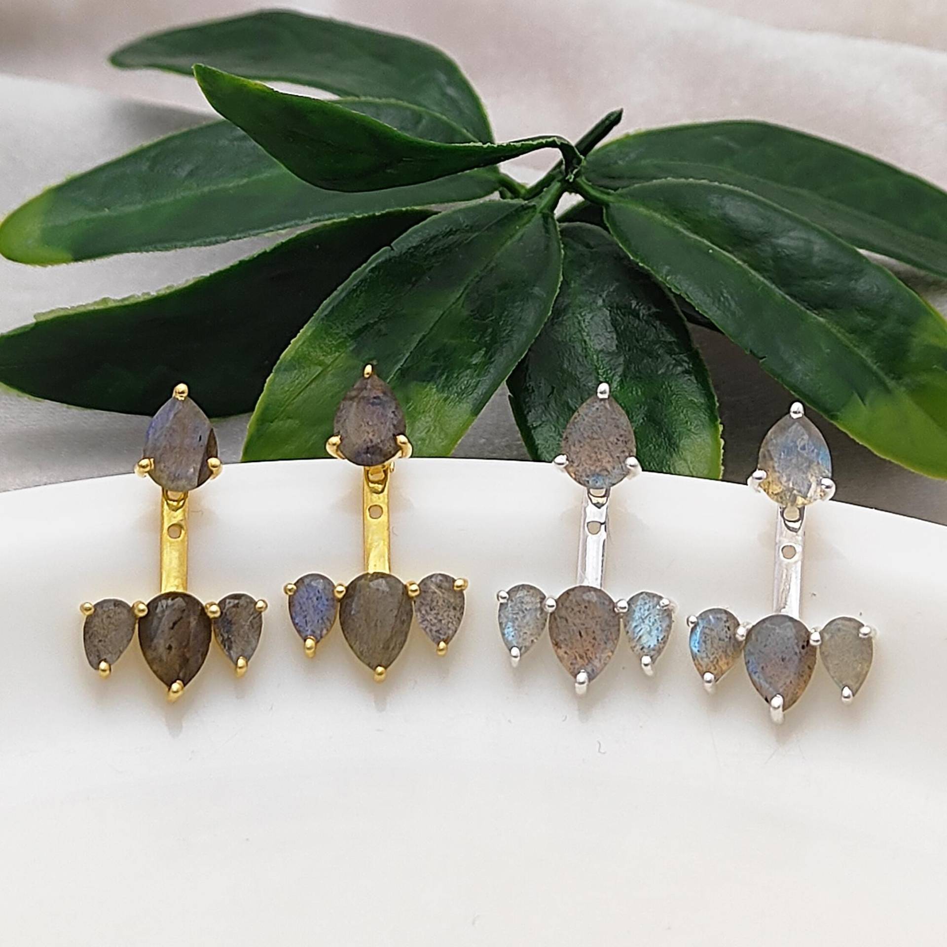 Labradorit Jacke Ohrringe | 925Er Silber & Vergoldete Push Back Ohrstecker Multi-stone Boho Geschenk Für Sie von Pinksquaredesign