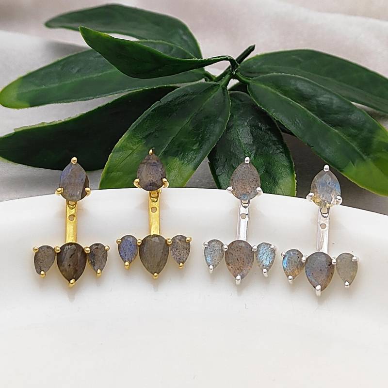 Labradorit Jacke Ohrringe | 925Er Silber & Vergoldete Push Back Ohrstecker Multi-stone Boho Geschenk Für Sie von Pinksquaredesign