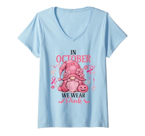 Damen Im Oktober tragen wir rosa süßer Zwerg Halloween Brustkrebs T-Shirt mit V-Ausschnitt Damen Im Oktober tragen wir rosa süßer Zwerg Halloween Brustkrebs T-Shirt mit V-Ausschnitt von Pinktober Support Survivor Breast Cancer Awareness