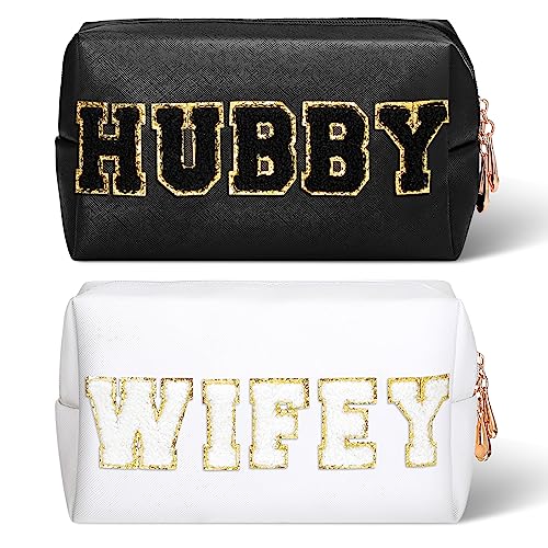 Pinkunn Make-up-Tasche mit Aufschrift "Bride Mrs", Aufschrift "Wifey I Do Hubby Bride", Kosmetiktasche, Reise-Kulturbeutel, Flitterwochen, kleine Braut, Hochzeit, Dusche, Geschenk für Frauen und von Pinkunn