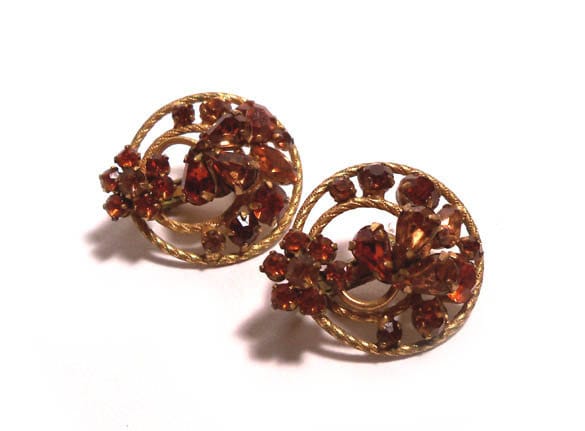 Jahrgang Vendome Golden Amber Gelb Strass 50Er Jahre Floral Cocktail Party Ohrringe Clip Auf von PinkyAGoGo