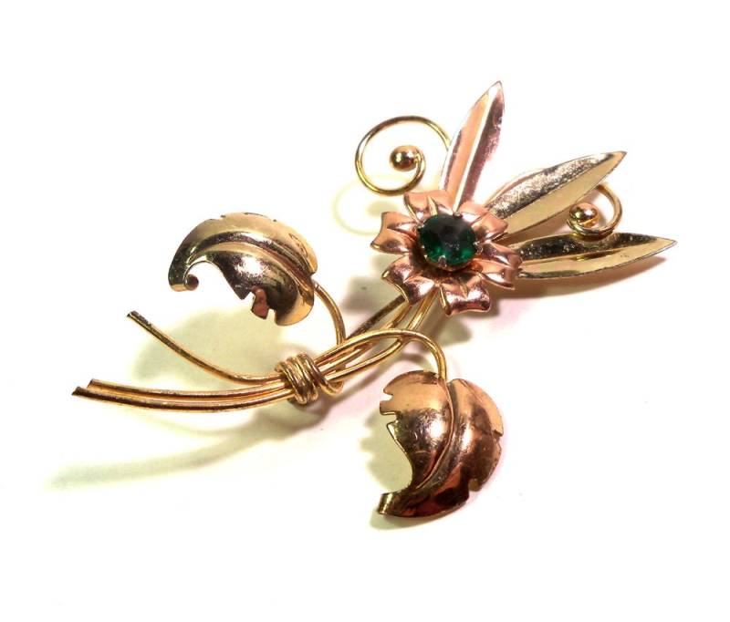 Vintage 50Er Jahre Harry Iskin 12K Gold Gefüllte Blumen Brosche Mit Emerald Green Center, Pin von PinkyAGoGo