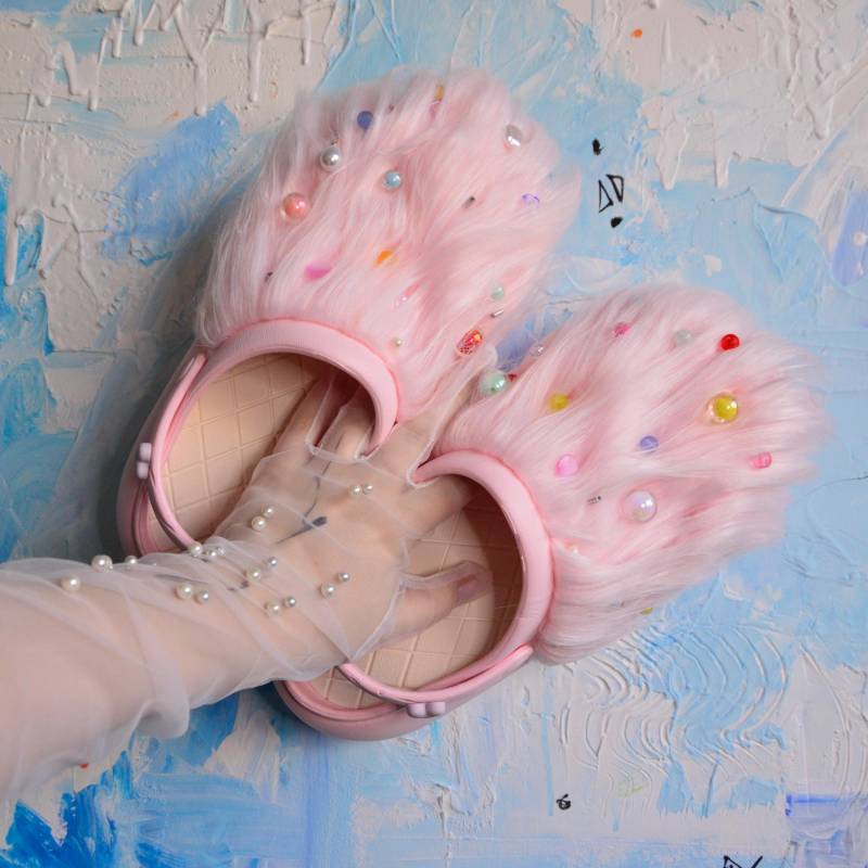 Flauschige Plateau Hausschuhe/Clogs Rosa, Designer Schuhe von PinkyCrime