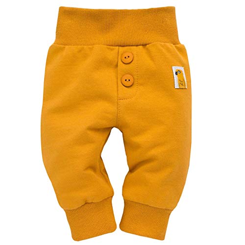 Pinokio Babyhose mit Knöpfen Patch Papagei für Jungen & Mädchen - Schlupfhose Sweathose Leggings Jogginghose Elasticher Bund unifarben Unisex - 100% Baumwolle - Currygelb - 62 68 74 80 86 von Pinokio