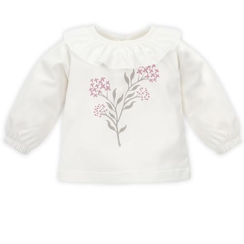 Pinokio Blouse Long Sleeve Charlotte, 95% Cotton 5% Elastane, Ecru with Flowers and Flounce, Girls 68-122 (110) von Pinokio