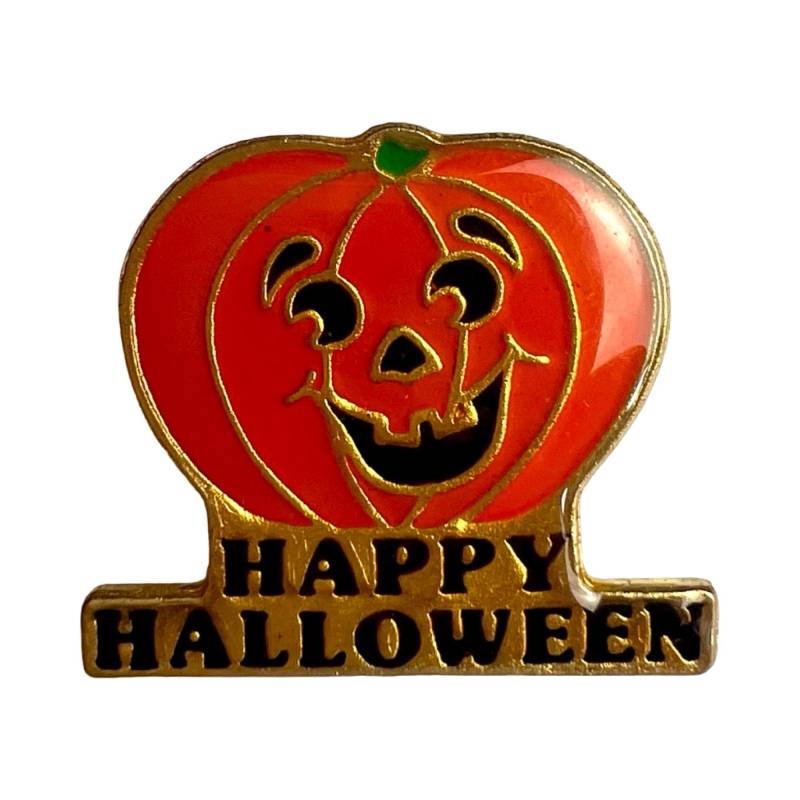 Vintage 70Er Jahre Happy Halloween Jack O Lantern Kürbis Pin Swibco, Sammlerstück von PinsAndSins