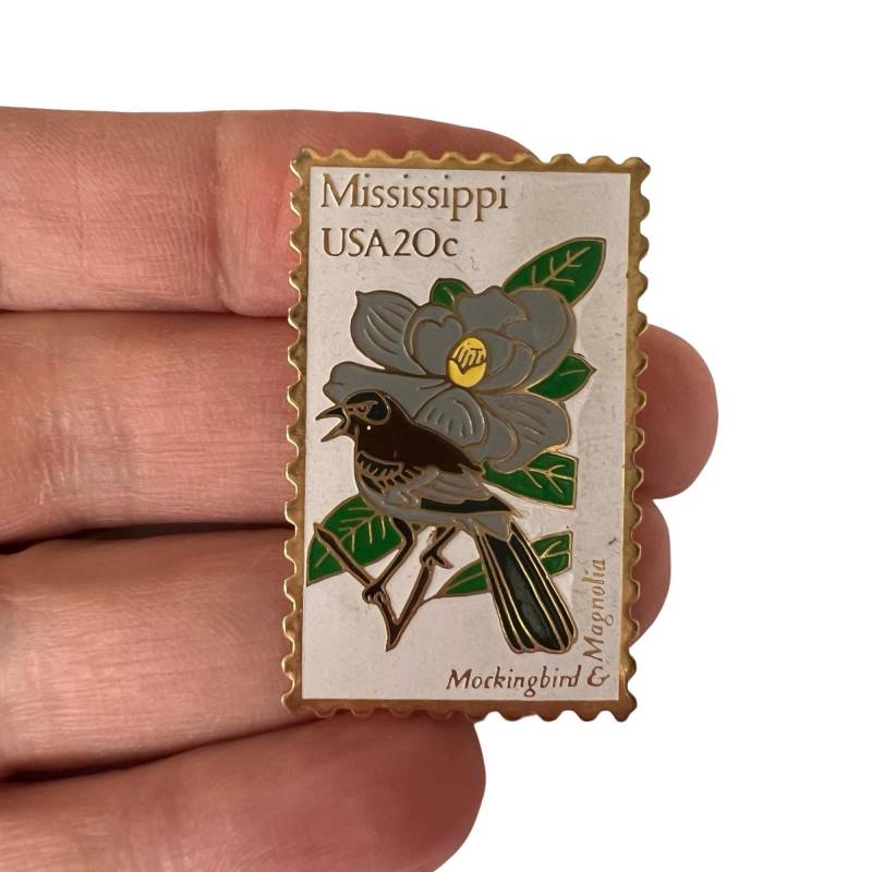 Vintage Mississippi Mockingbird Stempel Pin, Sammlerstück Usps 20C von PinsAndSins