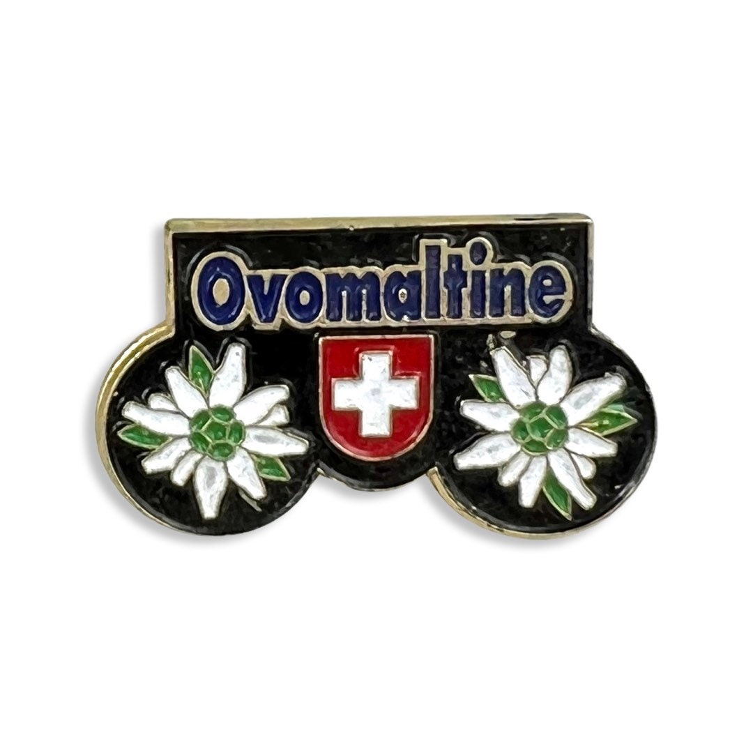Vintage Ovomaltine Anstecknadel Schweizer Flagge & Edelweiss Blume von PinsAndSins
