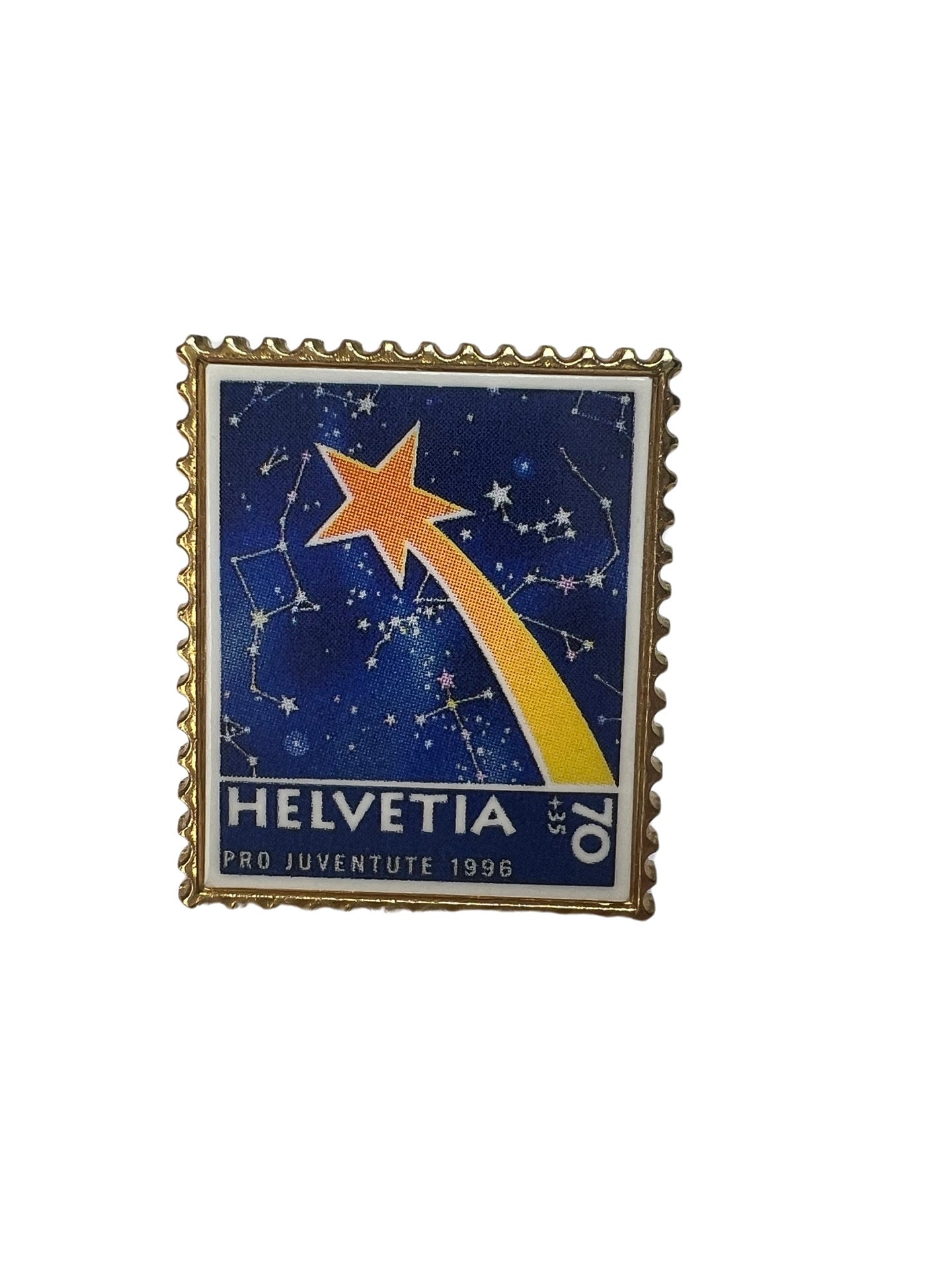 Vintage Schweizer Post Briefmarke Pin Helvetia Stamp 1998 Tragbar Geschenk Astronom Sternschnuppe Emaille Schmuck Grandpa Chic von PinsAndSins