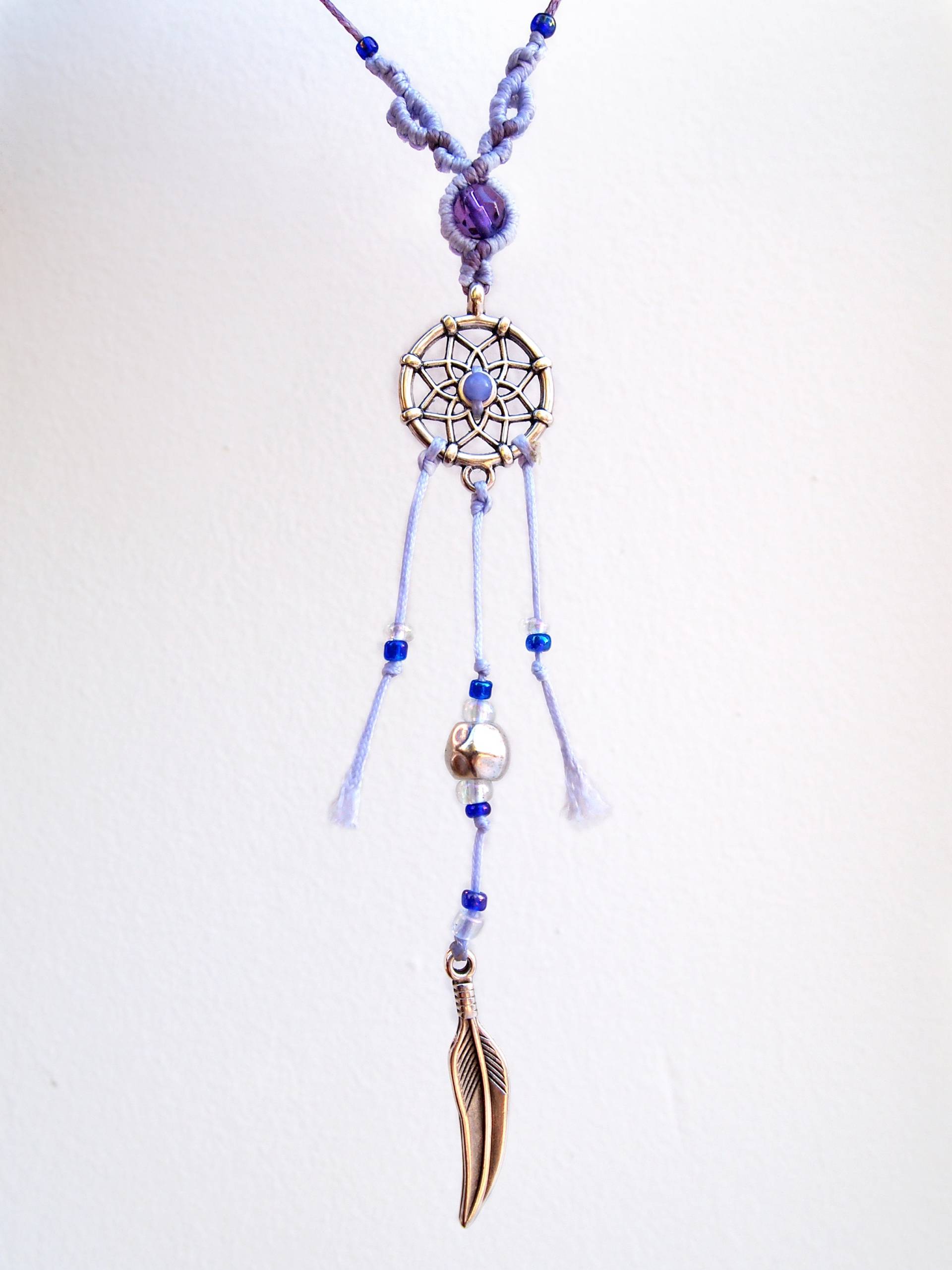 Silber Traumfänger Halskette | Lila Edelstein Amethyst Boho Chic Stil Sommer-Anhänger Blaue Glasperlen Himmelblau Hand Gestrickt Faden Silber Traumfänger Halskette | Lila Edelstein Amethyst Boho Chic Stil Sommer-Anhänger Blaue Glasperlen Himmelblau Hand Gestrickt Faden von PinsandfeathersArt