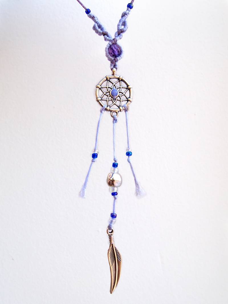 Silber Traumfänger Halskette | Lila Edelstein Amethyst Boho Chic Stil Sommer-Anhänger Blaue Glasperlen Himmelblau Hand Gestrickt Faden Silber Traumfänger Halskette | Lila Edelstein Amethyst Boho Chic Stil Sommer-Anhänger Blaue Glasperlen Himmelblau Hand Gestrickt Faden von PinsandfeathersArt