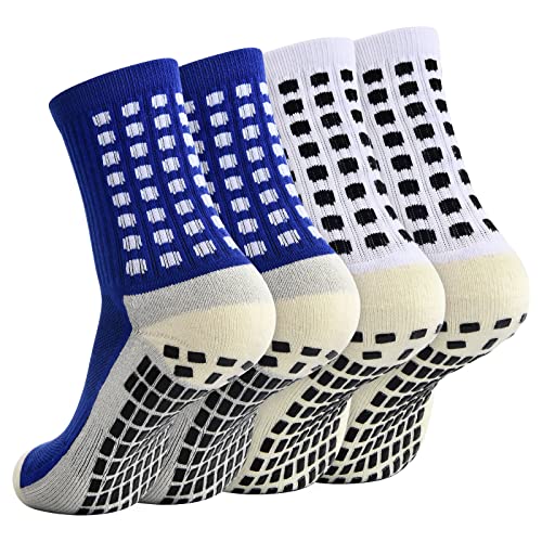 Pinsheng 2 Paar Fußball Socken Rutschfeste, Unisex Anti Rutsch Sportsocken mit Gummipad Atmungsaktive Athletic Socken Laufsocken Grip Fußballsocken Wandersocken füR Herren Dame (Dunkelblau+Weiß) von Pinsheng