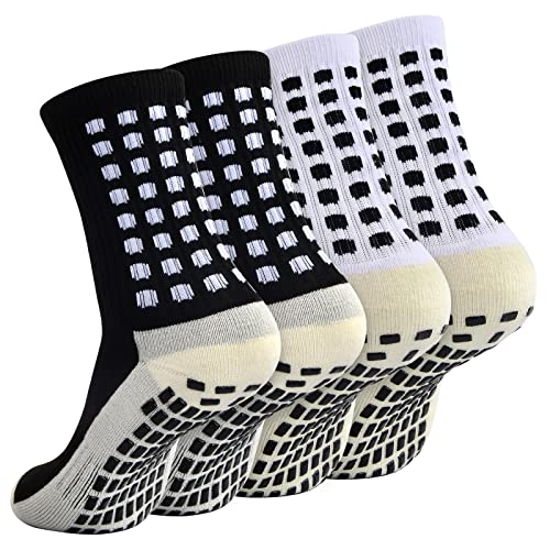 Pinsheng 2 Paar Fußball Socken Rutschfeste, Unisex Anti Rutsch Sportsocken mit Gummipad Atmungsaktive Athletic Socken Laufsocken Grip Fußballsocken Wandersocken füR Herren Dame (Weiß+Schwarz) von Pinsheng