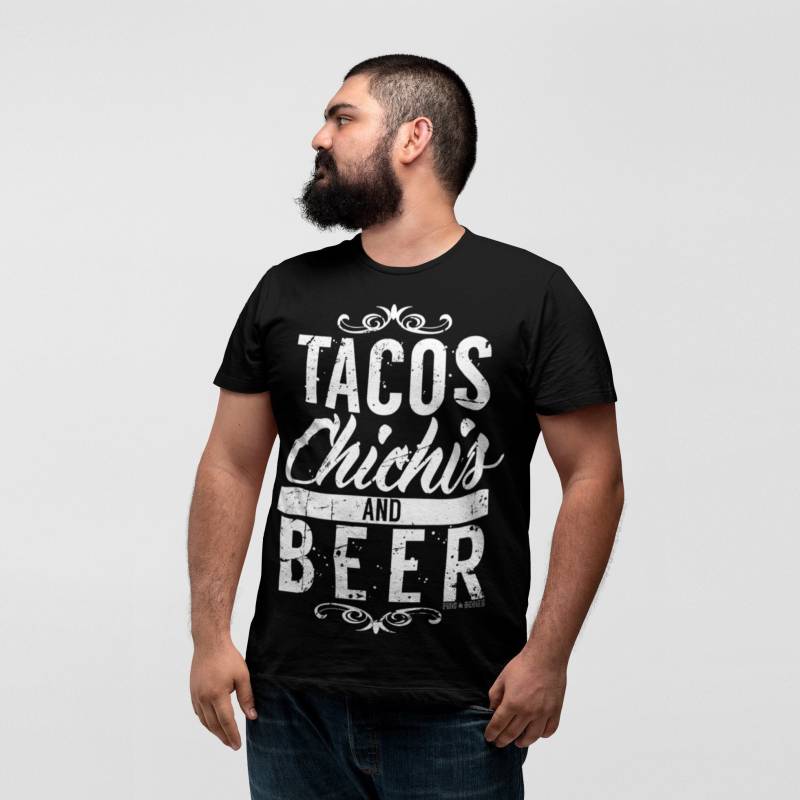 Pins & Bones Tacos Shirt, Lustiges Chichis Und Bier Retro Schwarzes Baumwolle T Shirt von PinsnBones