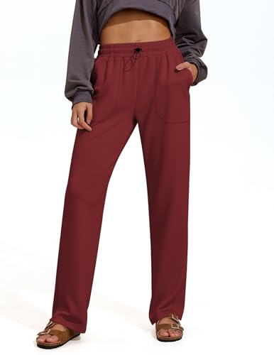 PINSPARK Damen Jogginghose Sweathose Lang Sporthose Aktive Freizeit Gerades Bein Kordelzug Lose Lounge Pants mit Taschen Rotwein L von PINSPARK