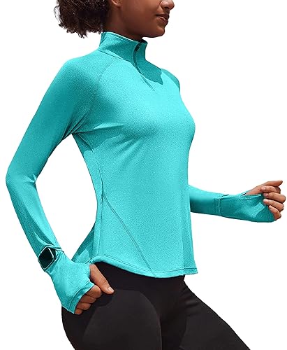 PINSPARK Damen Sportshirt Langarm Laufshirt Schnelltrocknend Activewear T-Shirts mit 1/4 Reißverschluss und Daumenloch Keramikgrün XL von PINSPARK