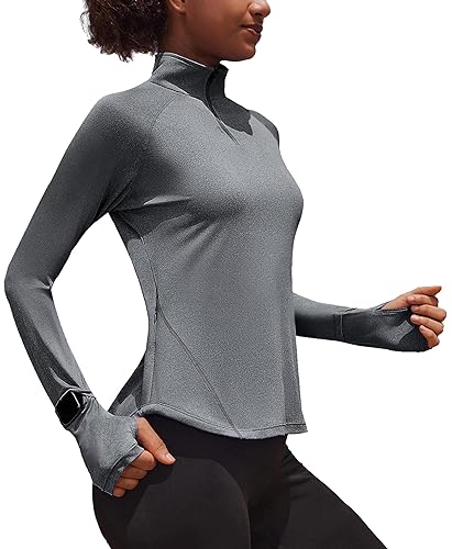 PINSPARK Damen Sportshirt Langarm Laufshirt Schnelltrocknend Activewear T-Shirts mit 1/4 Reißverschluss und Daumenloch Mittelgrau XL von PINSPARK