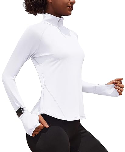 PINSPARK Damen Sportshirt Langarm Laufshirt Schnelltrocknend Activewear T-Shirts mit 1/4 Reißverschluss und Daumenloch Weiß XL von PINSPARK