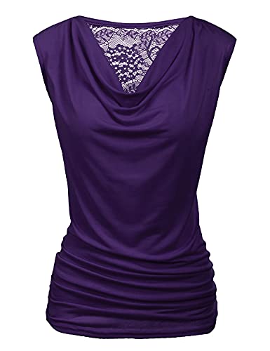 PINSPARK Bluse Damen Elegant Oberteile Wasserfall Shirts Spitzen Falten Tops Ärmellos T Shirt V-Ausschnitt Blusen Stretch Tunika Sommer Lila S von PINSPARK