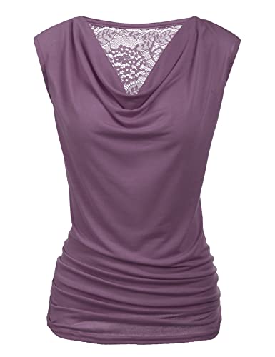 PINSPARK T Shirt Damen V-Ausschnitt Spitzen Bluse Elegant Oberteile Tunika Tops Sommer Ärmellos Shirts Stretch Falten Bluse Wasserfall Top Lila Kurzarm S von PINSPARK