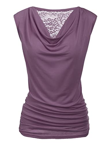 PINSPARK Bluse Damen Sommer Ärmellose Oberteile Elegant V-Ausschnitt Wasserfall Shirt Falten Spitzen Top Stretch Tunika Blusen Lila Kurzarm XL von PINSPARK