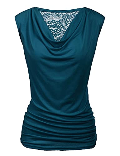 PINSPARK T-Shirts Damen Spitzentop Sommer Ärmellos Bluse Wasserfall V-Ausschnitt Shirt Elegant Oberteile Stretch Falten Tops für Damen Blaugrün M von PINSPARK