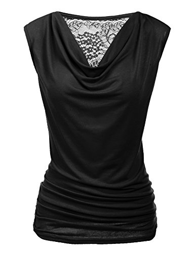 PINSPARK T-Shirts Damen Spitzentop Sommer Ärmellos Bluse Wasserfall V-Ausschnitt Shirt Elegant Oberteile Stretch Falten Tops für Damen Schwarz L von PINSPARK