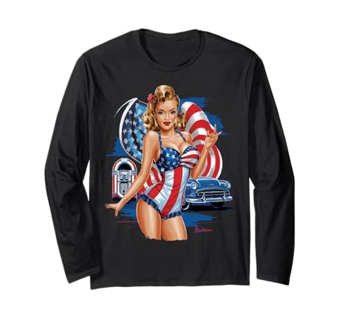 Patriotic Pin-Up Girl with American Flags Vintage USA Art Langarmshirt Patriotic Pin-Up Girl with American Flags Vintage USA Art Langarmshirt von Pinup American Usa Flag Beauty Girl Tee Gift Shop