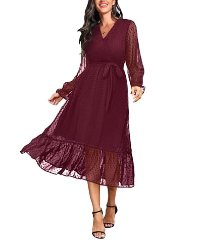 Damen Herbst Langarm Frühling Kleid Wrap V-Ausschnitt Swiss Dot Casual A-Linie Midi Kleider mit Gürtel, Swiss Dot Weinrot, X-Large, Classic Damen Herbst Langarm Frühling Kleid Wrap V-Ausschnitt Swiss Dot Casual A-Linie Midi Kleider mit Gürtel, Swiss Dot Weinrot, X-Large, Classic von Pinup Fashion