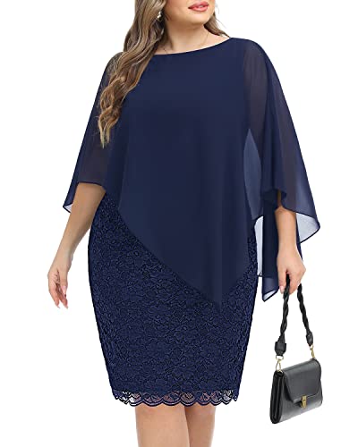 Damen Ärmelloses Cape Kleid mit Chiffon Overlay Spitze Bodycon Bleistiftkleid, marineblau, 48 Mehr von Pinup Fashion