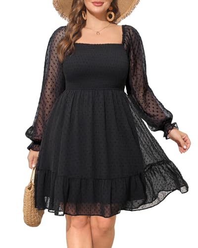 Damen-Babydoll, Übergröße, quadratischer Ausschnitt, Puffärmel, Chiffon, Schweizer Punkte, fließendes, kurzes gesmoktes Kleid, Schwarz (langärmlig), 44 Mehr von Pinup Fashion