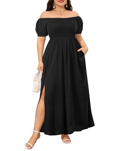 Damen Boho Kleid Plus Size Blumendruck Schulterfrei Gerafft Split Sommer Maxi Langes Kleid, Schwarz, 46 Mehr von Pinup Fashion