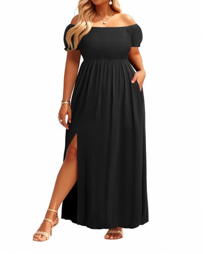 Sommerkleider in Übergröße – Boho, lässig, schulterfrei, Blumenmuster, langes Maxikleid mit Taschen, Schwarz, 52 Mehr von Pinup Fashion