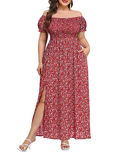 Damen Boho Kleid Übergröße Blumendruck Schulterfrei gerafft Split Sommer Maxi Langes Kleid, Floral Rot, 48 Mehr von Pinup Fashion