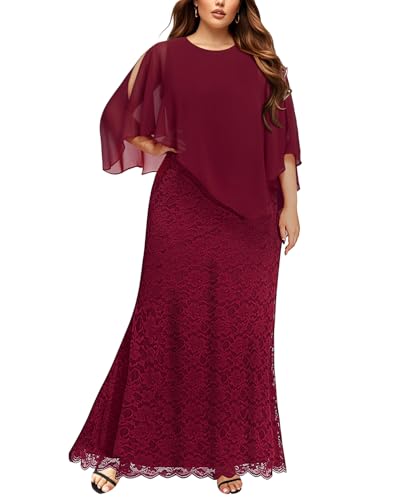 Damen-Cape-Kleid in Übergröße mit Chiffon-Overlay-Kleid, formell, Abendkleid, Spitze, lang, Meerjungfrauenkleider 2024, Burgunder, 44 Mehr von Pinup Fashion