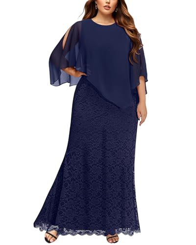 Damen-Cape-Kleid in Übergröße mit Chiffon-Overlay-Kleid, formell, Abendkleid, Spitze, lang, Meerjungfrauenkleider 2024, Marineblau, 50 Mehr von Pinup Fashion