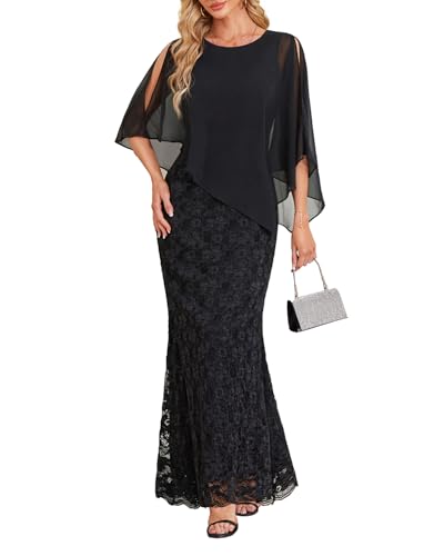Damen-Cape-Kleid in Übergröße mit Chiffon-Overlay-Kleid, formell, Abendkleid, Spitze, lang, Meerjungfrauenkleider 2024, Schwarz, 52 Mehr von Pinup Fashion