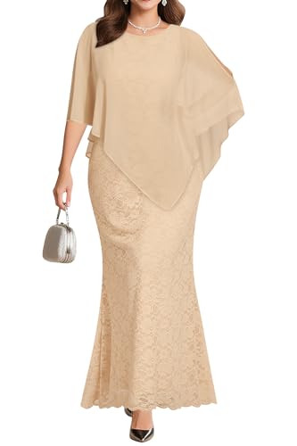 Damen-Cape-Kleid in Übergröße mit Chiffon-Overlay-Kleid, formell, Abendkleid, Spitze, lang, Meerjungfrauenkleider 2025, Champagner, 46 Mehr von Pinup Fashion
