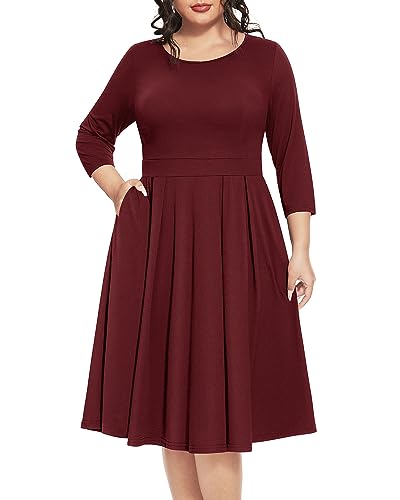 Damen Plus Size Blumenkleider Rundhals 3/4 Ärmel Fit und Flare Freizeitkleid mit Taschen, Burgunder, 48 Mehr von Pinup Fashion