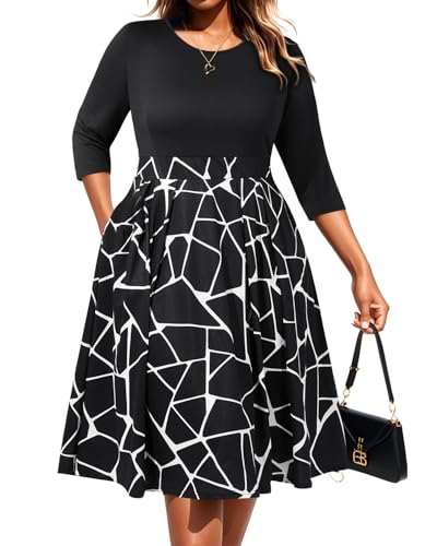 Damen Plus Size Blumenkleider Rundhals 3/4 Ärmel Fit und Flare Freizeitkleid mit Taschen, Schwarz gestreift, 50 Mehr von Pinup Fashion
