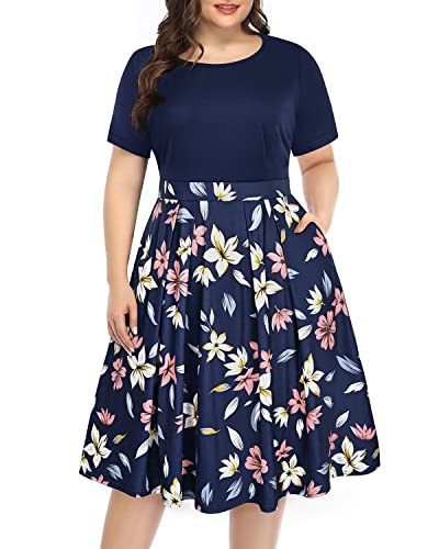 Damen Plus Size Blumenkleider Rundhals Sommer Casual Party Swing Kleid mit Taschen, Floral Navy 2, 50 Mehr von Pinup Fashion