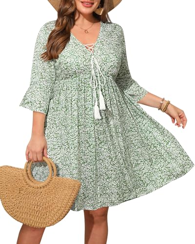 Damen Plus Size Boho Kleid Floral V Ausschnitt Quaste Glockenärmel Casual Sommer Strand Flowy Minikleid, Grün (Blumenmuster), 52 Mehr von Pinup Fashion