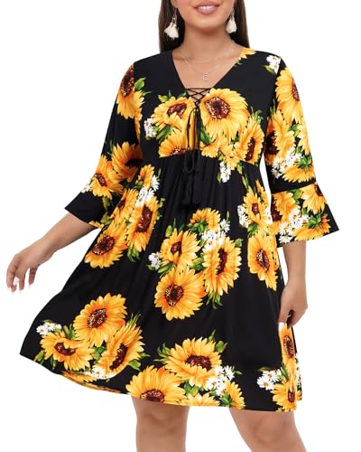 Damen Plus Size Boho Kleid Floral V Ausschnitt Quaste Glockenärmel Casual Sommer Strand Flowy Minikleid, Sonnenblume, 48 Mehr von Pinup Fashion