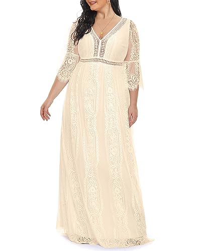 Damen Plus Size Boho Maxi Floral Spitze Bohemian Brautkleid V Ausschnitt Flowy Lange Party Kleider, Beige, 50 Mehr von Pinup Fashion