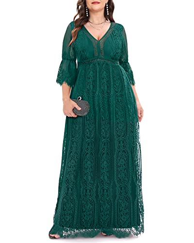 Damen Plus Size Boho Maxi Floral Spitze Bohemian Brautkleid V Ausschnitt Flowy Lange Party Kleider, Smaragdrün, 52 Mehr von Pinup Fashion