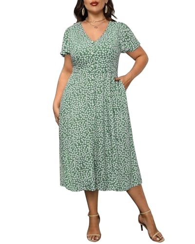 Damen Plus Size Button Front Floral Print Kurze Rüschen Ärmel Taschen Sommer Midi Flowy Sommerkleid, Grün (Blumenmuster), 48 Mehr von Pinup Fashion