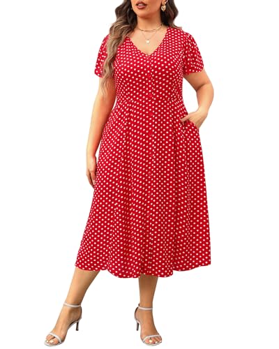 Damen Plus Size Button Front Floral Print Kurze Rüschen Ärmel Taschen Sommer Midi Flowy Sommerkleid, Rot / Weiß gepunktet, 52 Mehr von Pinup Fashion