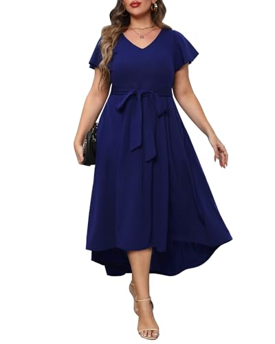 Damen Plus Size High Low Flatterärmel Hochzeit Gast Semi Formal Maxi Langes Kleid mit Taschen, Dunkelblau, 50 Mehr von Pinup Fashion