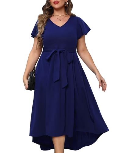 Damen Plus Size High Low Flatterärmel Hochzeit Gast Semi Formal Maxi Langes Kleid mit Taschen, Dunkelblau, 52 Mehr von Pinup Fashion